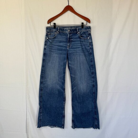 American Eagle Outfitters Denim - AE Stretch Low-Rise Baggy Wide-Leg Raw Hem Med Blue Denim Jeans Size 12 Long